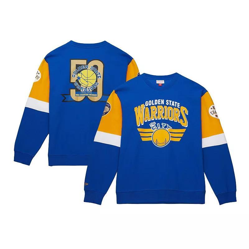 Mens Mitchell & Ness Royal Distressed Golden State Warriors Hardwood Classics Vintage-Like All Over 3.0 Pullover Sweatshirt Product Image