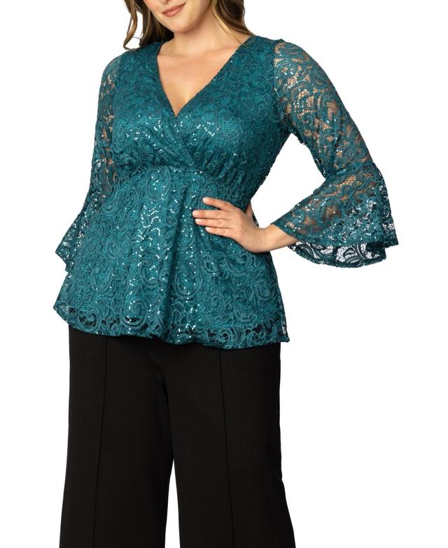 Womens Sequin Sparkle Bell-Sleeve Lace Blouse Product Image