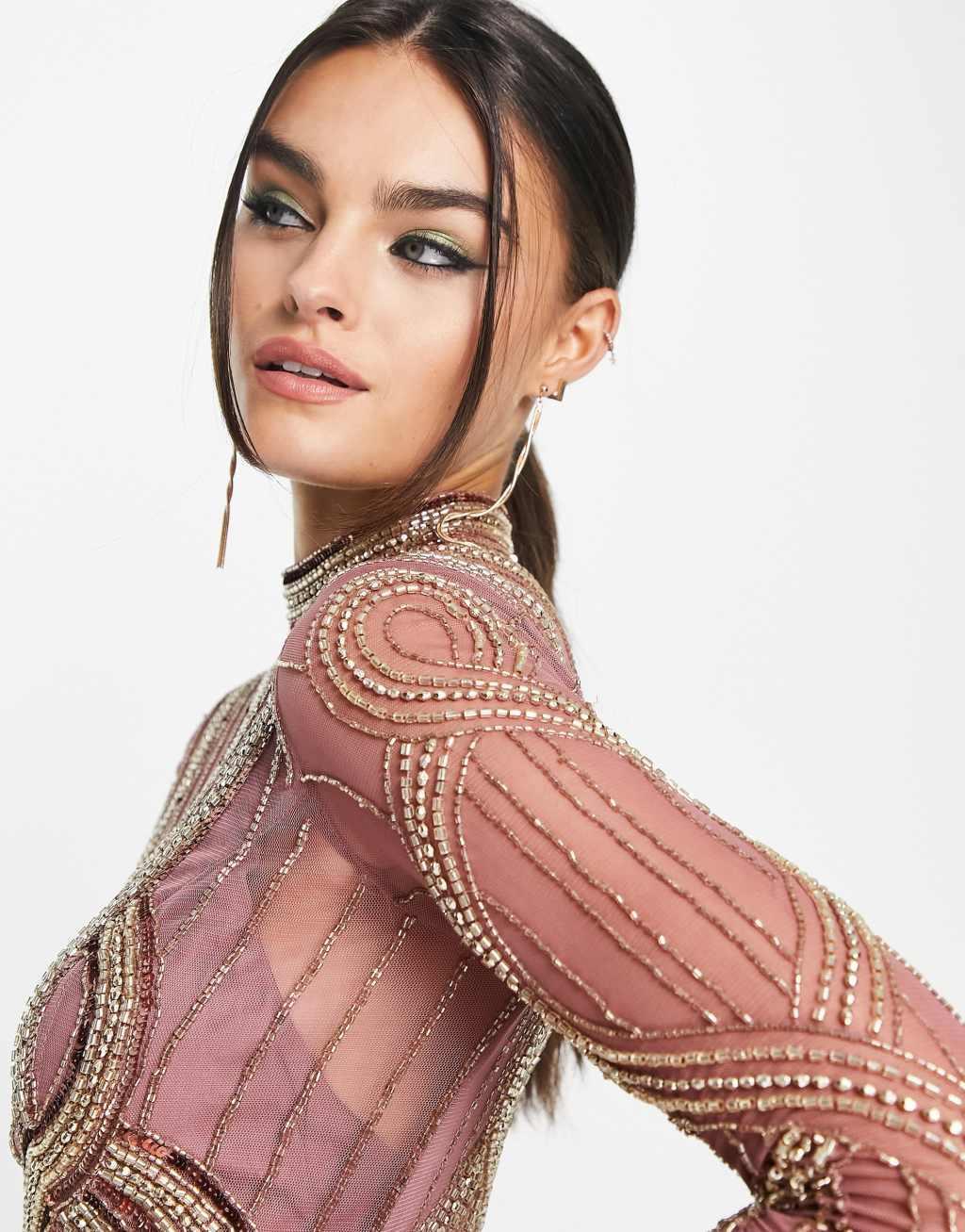 ASOS DESIGN ergonomic embellished mini dress in blush Product Image