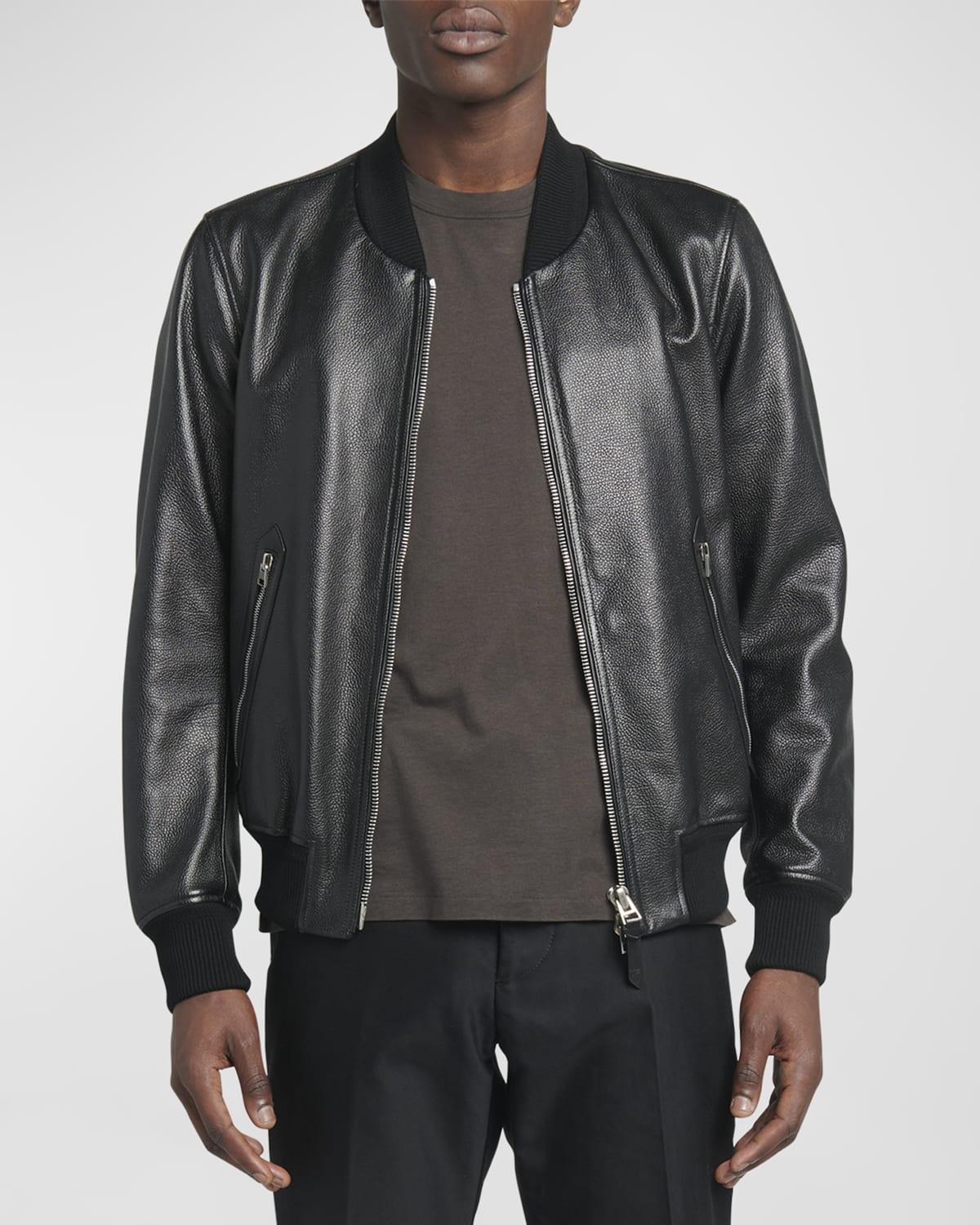 Mens Grained Leather Bomber Jacket Product Image