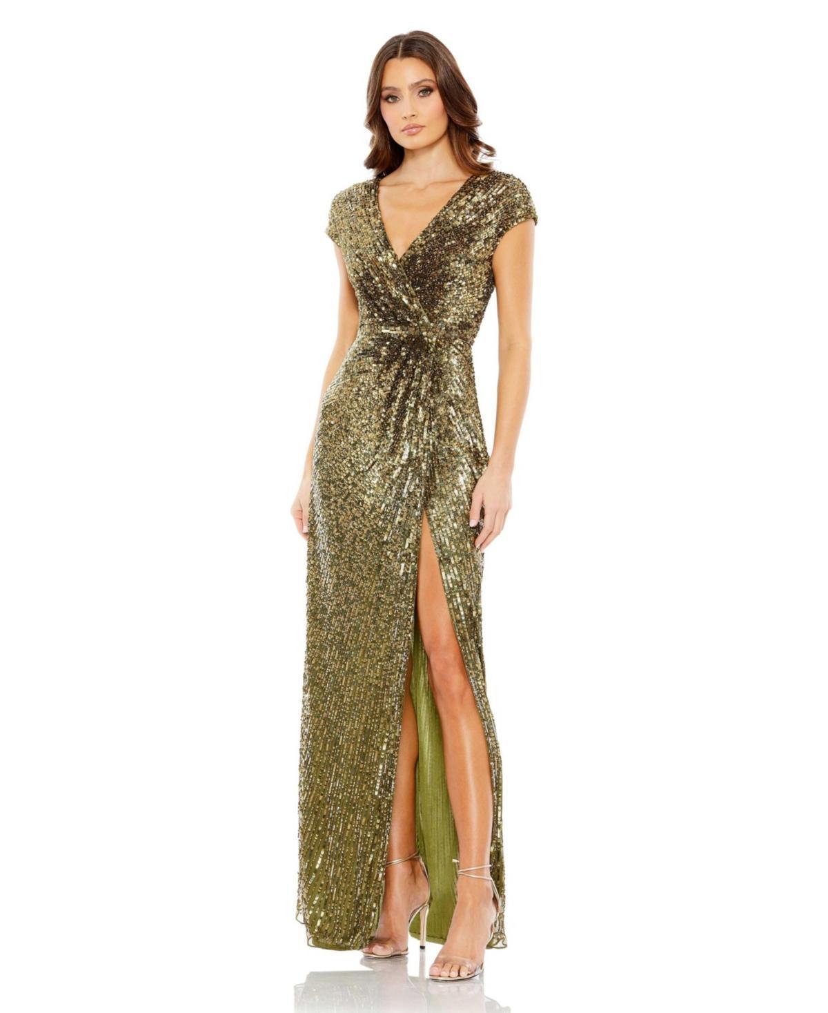 Womens Sequin Faux-Wrap Cap-Sleeve Gown Product Image