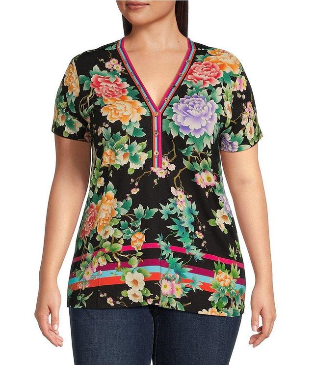 JOHNNY WAS Plus Size Janie Favorite Le Jardin Floral Bamboo Knit Jersey V-Neck Short Sleeve Tee Shirt Product Image