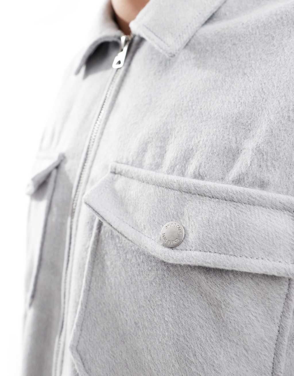 ONLY & SONS zip through overshirt in light gray   Product Image