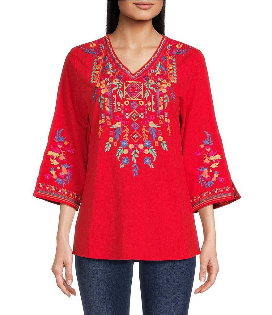 Calessa Embroidered V Neck 3/4 Sleeve Tunic Blouse Product Image