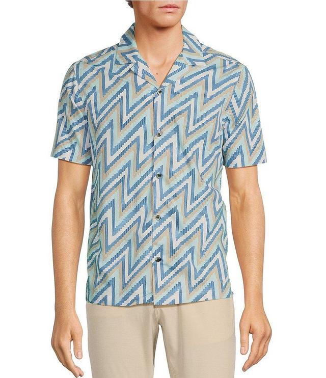 Rowm Blue Sirena Short Sleeve Zig Zag Print Button Up Shirt Product Image