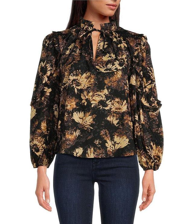 ELAN Floral Print Tie V-Neck Long Sleeve Top Product Image