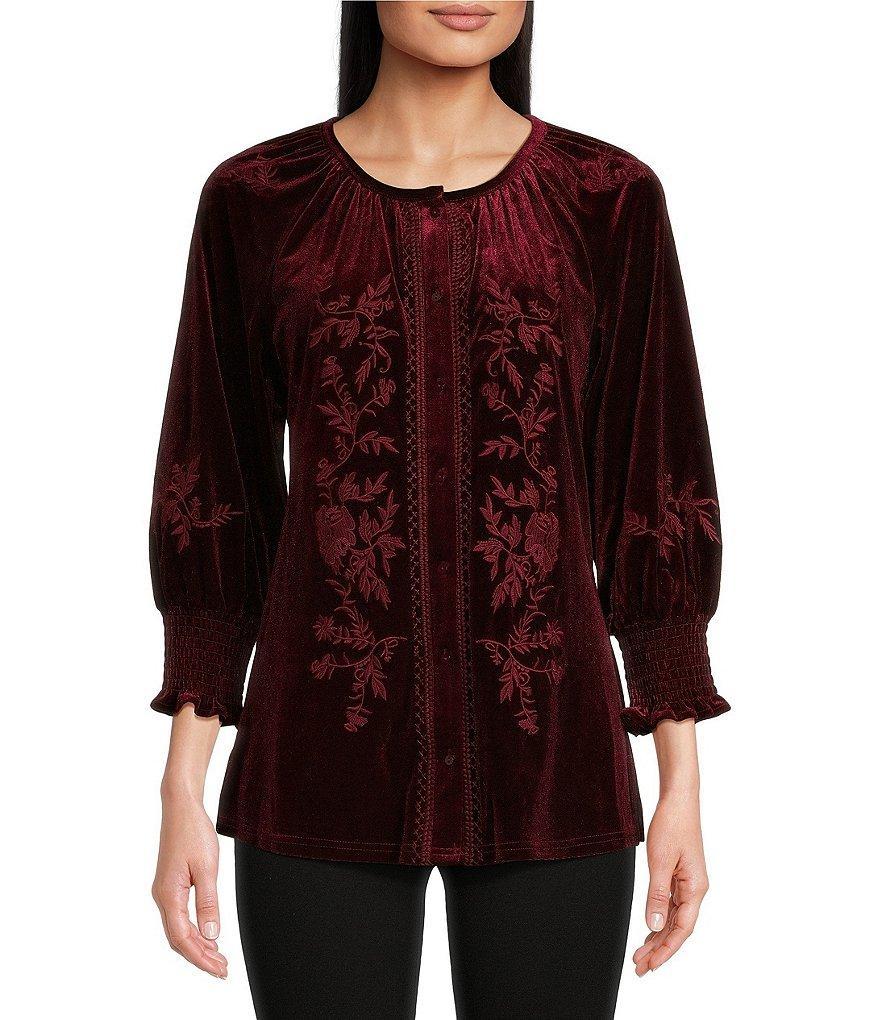 Calessa Embroidered Stretch Velvet Crew Neck 3/4 Sleeve Tunic Product Image