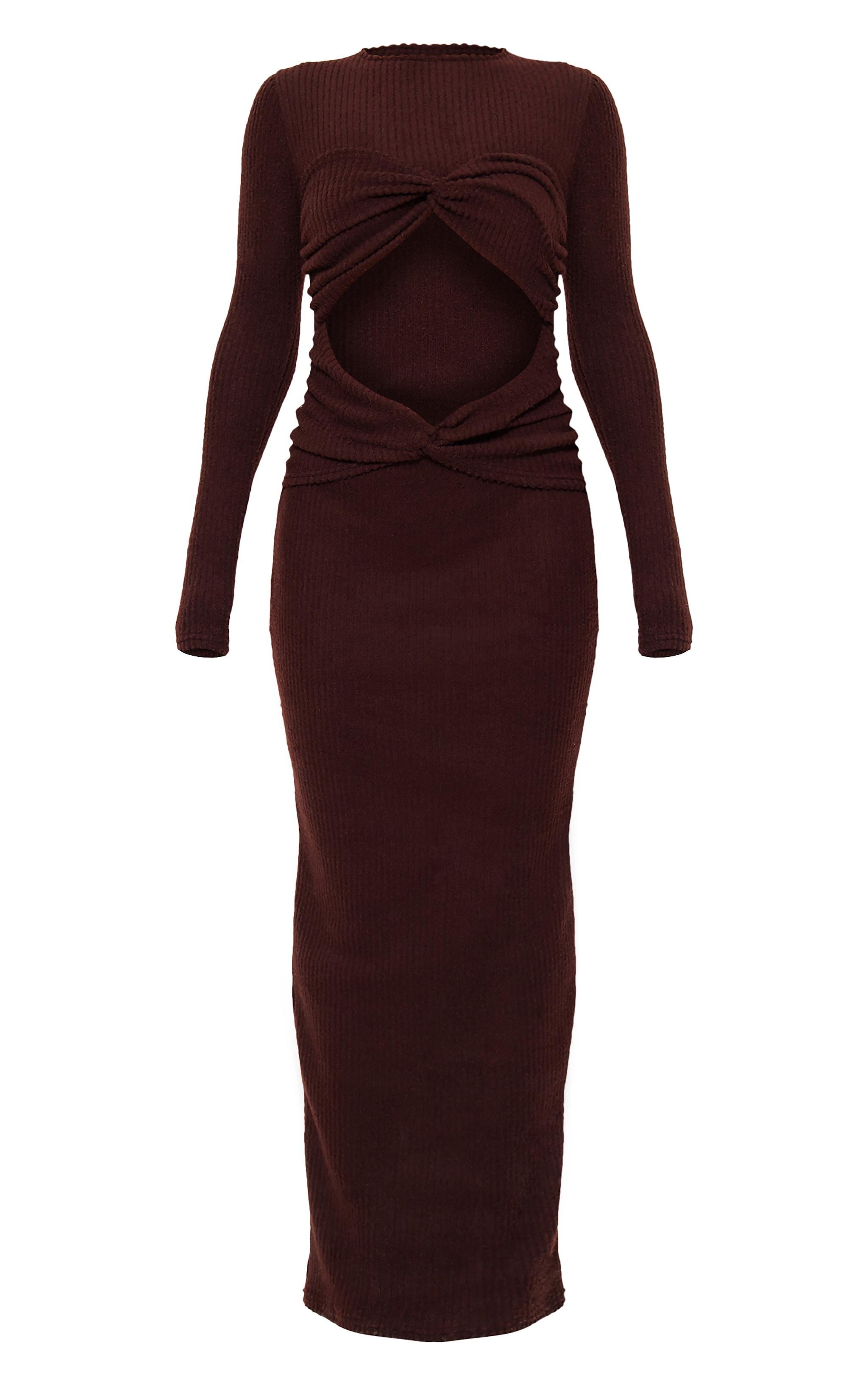 Chocolate Brushed Rib Cut Out Detail Maxi Dress Product Image