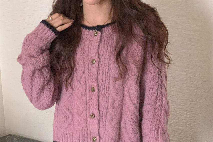 Crewneck Cable Knit Plain Button-Up Cardigan Product Image