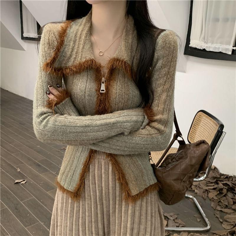 Collared Fleece Trim Zip-Up Cardigan Product Image