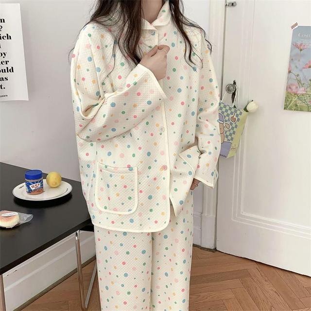 Pajama Set: Long-Sleeve Dotted Button-Up Shirt + Pants Product Image