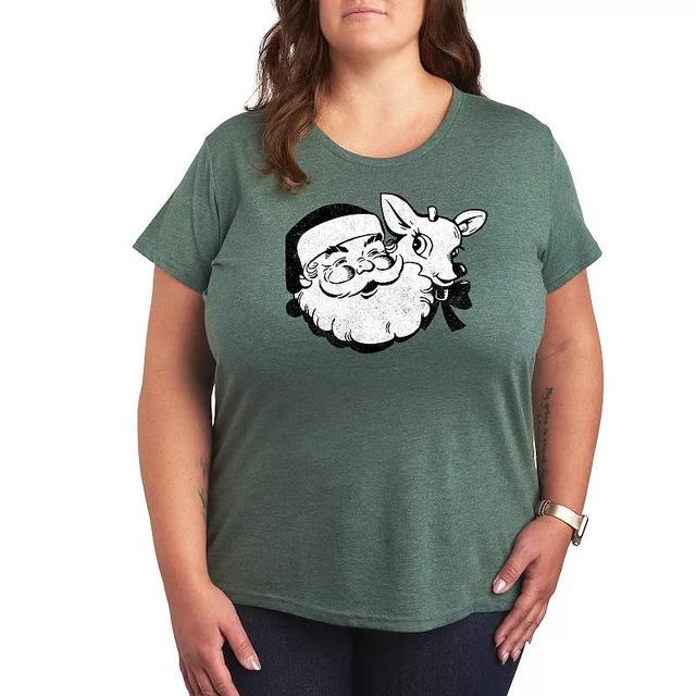 Plus Size Santa & Reindeer Holiday Graphic Tee, Womens Grey Green Product Image