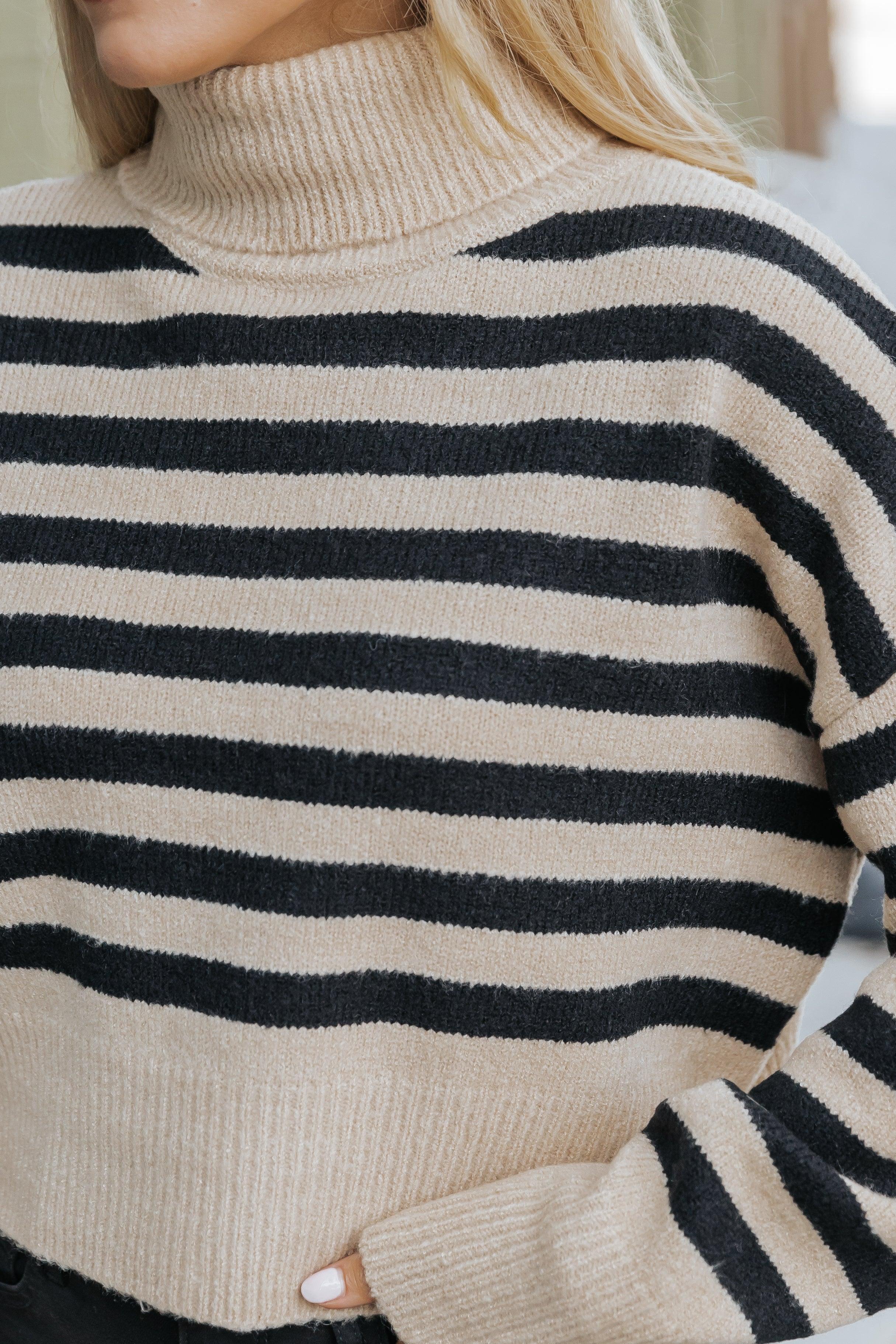 Beige and Black Striped Turtleneck Sweater Female Product Image