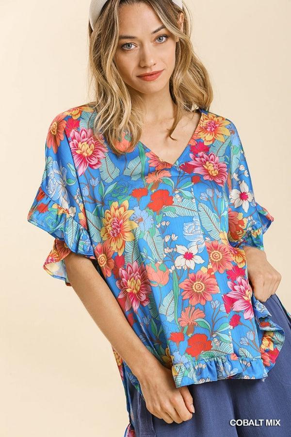 Susanne Satin Floral Print V-Neck Ruffle Hem Top - Reg & Plus! Product Image