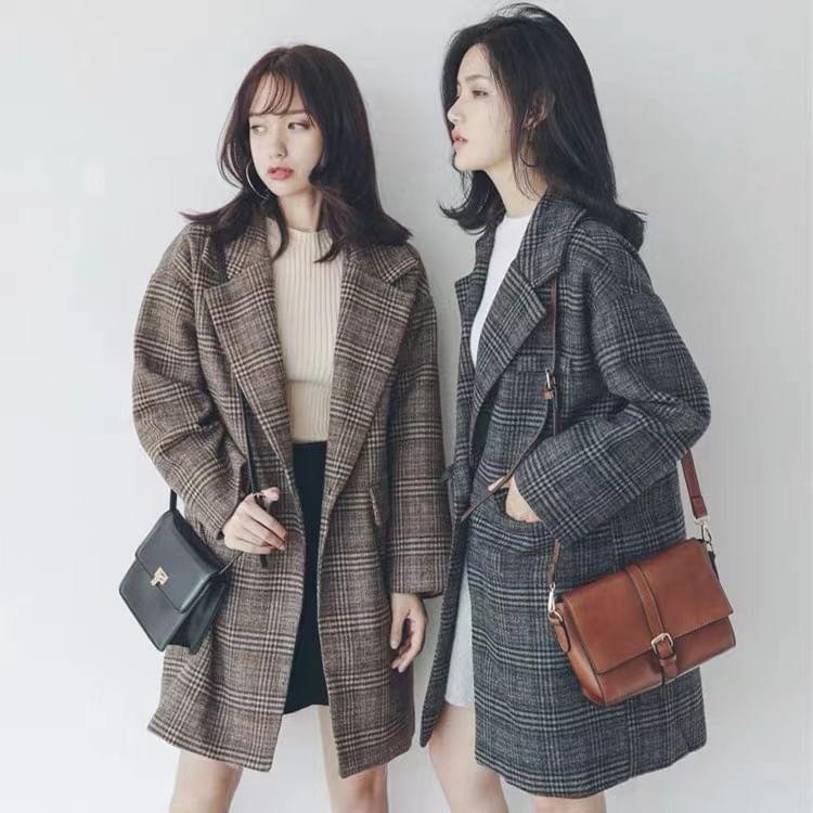 Lapel Collar Plaid Long Single-Button Coat Product Image