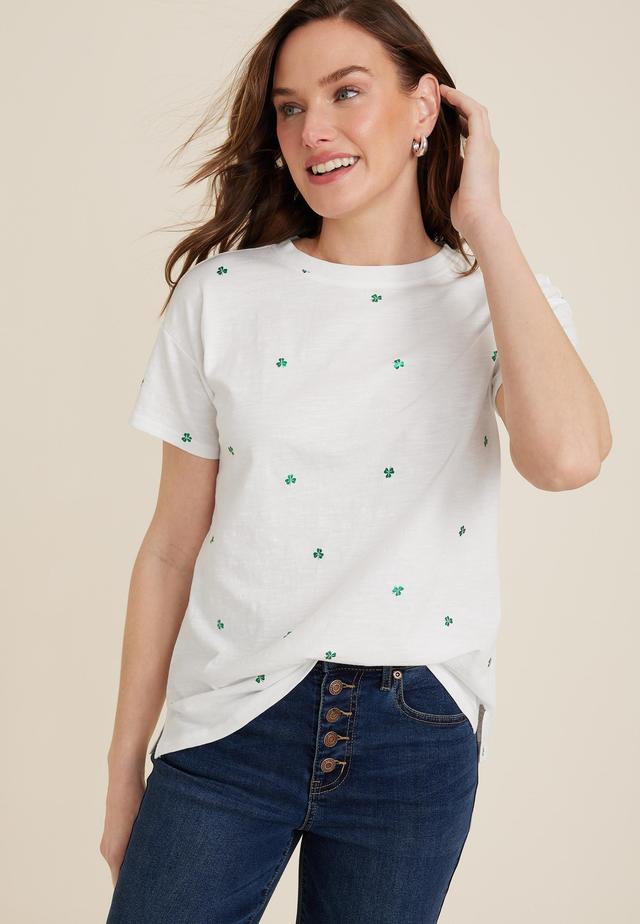 Maurices Womens X Small Size 24/7 Dawson Shamrock Crew Neck Tee White Product Image