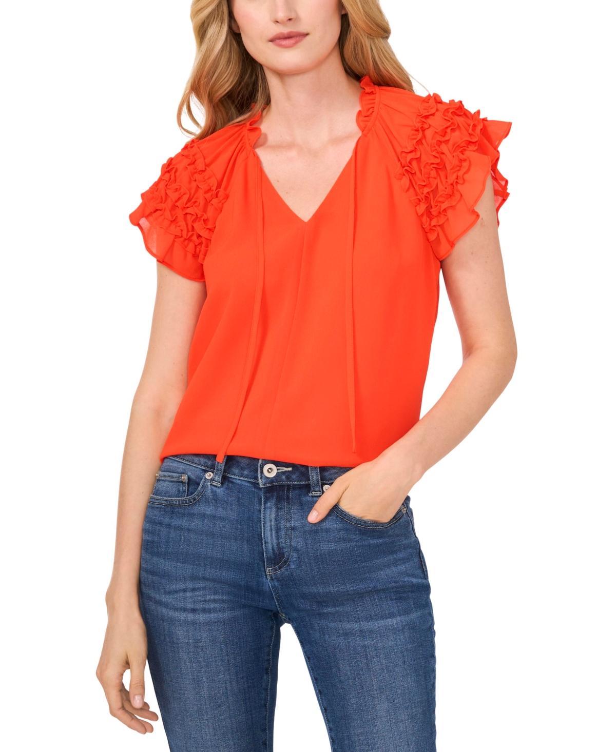 Women's Ruched Ruffle Raglan Sleeve V-Neck Blouse Product Image