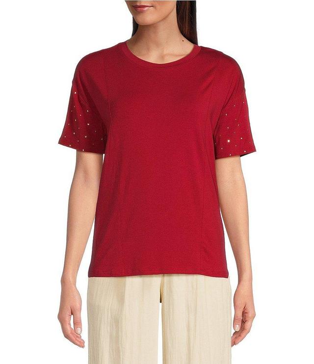 DKNY by Donna Karan Crew Neck Short Dolman Rhinestone Sleeve Top Product Image