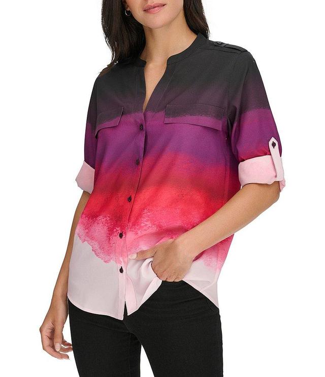 Calvin Klein Ombre Print Split V-Neck Roll-Tab Sleeve Button Front Top Product Image