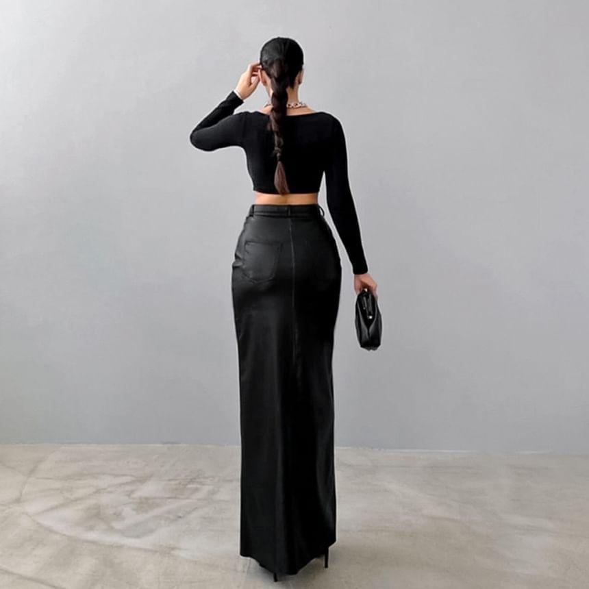 High Waist Plain Slit Faux Leather Maxi Pencil Skirt Product Image