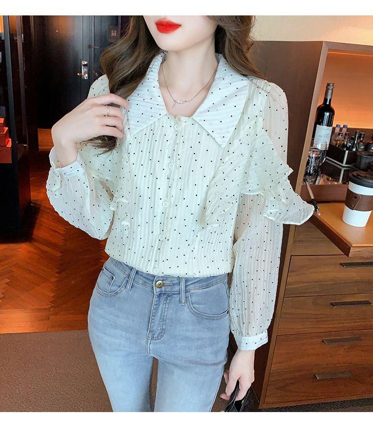 Long-Sleeve Collared Dotted Ruffle Trim Button-Up Blouse Product Image