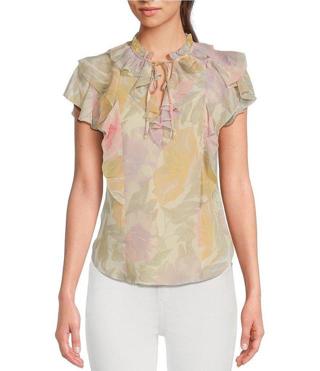 Lauren Ralph Lauren Petite Size Crinkle Georgette Floral Ruffled V-Neck Short Sleeve Blouse Product Image