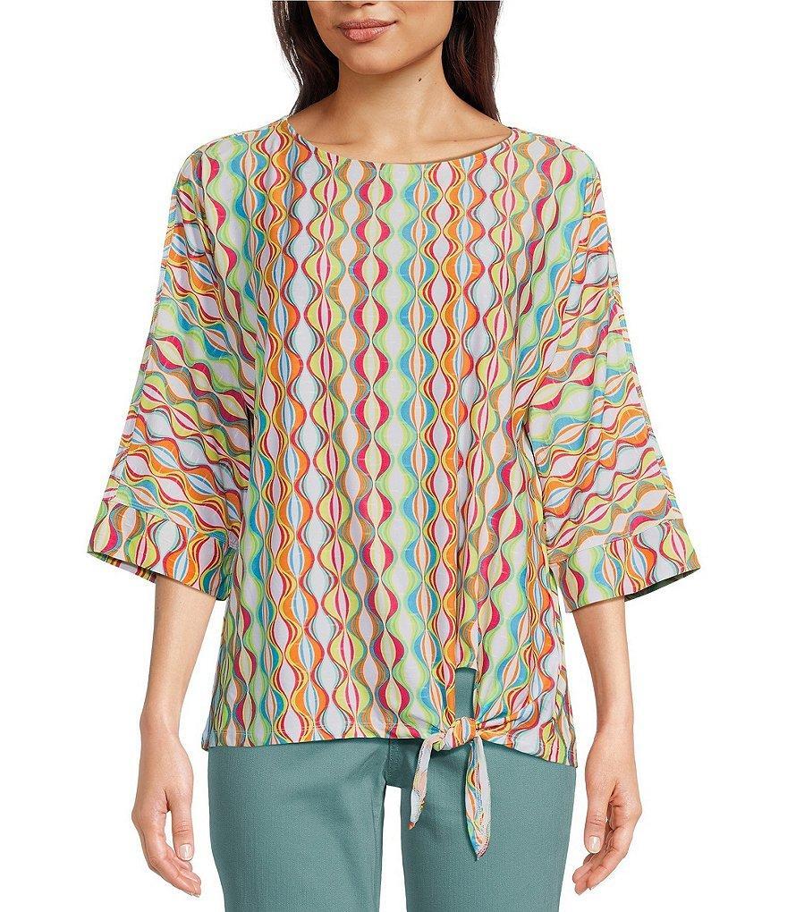 Ali Miles Geometric Print Knit Scoop Neck 3/4 Sleeve Side Tie Hem Popover Tunic Product Image