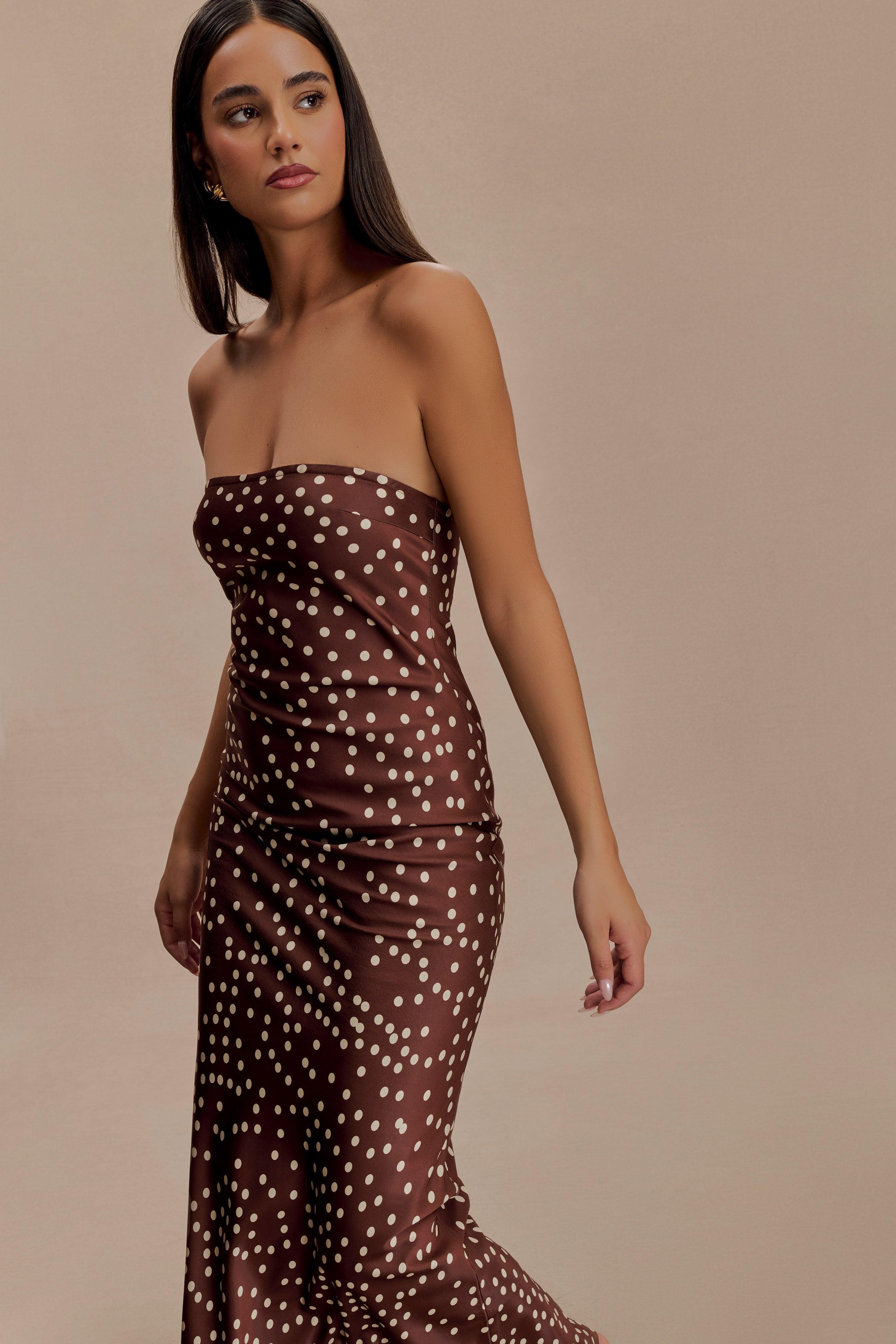 Claudette Strapless Satin Maxi Dress - Brown Polka Dot Print Product Image