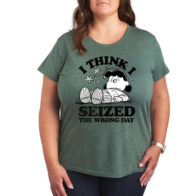 Plus Peanuts Lucy Seized The Wrong Day Graphic Tee, Womens Grey Green Product Image