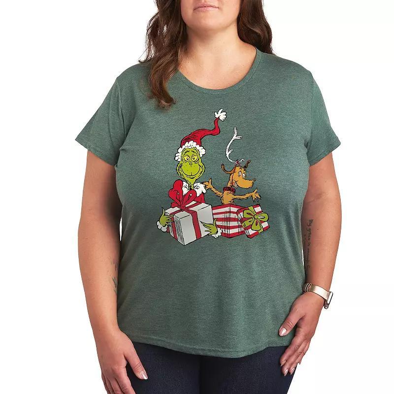 Plus Dr. Seuss The Grinch Max and Grinch Graphic Tee, Womens Grey Green Product Image