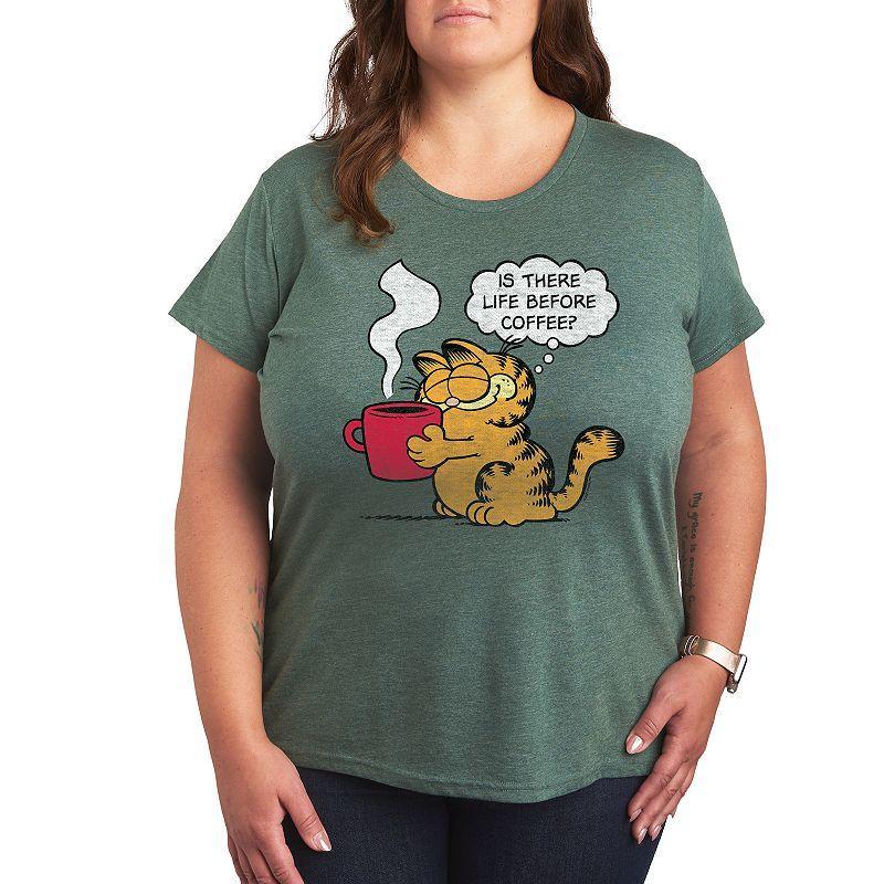 Plus Garfield Life Before Coffee Graphic Tee, Womens Grey Gray Product Image