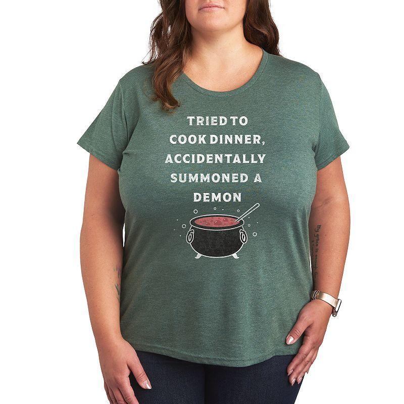 Plus Size Cook Summon Demon Graphic Tee, Womens Grey Green Product Image