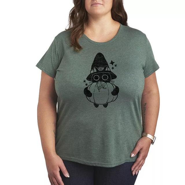 Plus Size Witch Cat With Pumpkin Graphic Tee, Womens Grey Dark Red Product Image