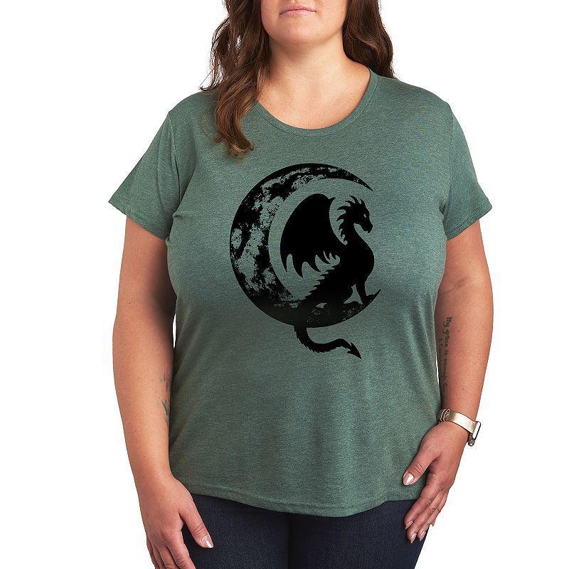 Plus Dragon Sitting On Crescent Moon Graphic Tee, Womens Grey Green Product Image