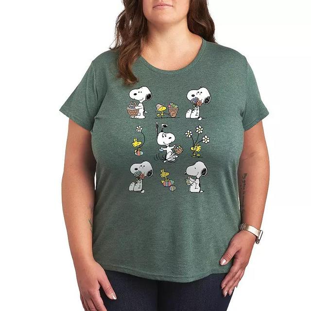 Plus Peanuts Snoopy & Woodstock Spring Pattern Graphic Tee, Womens Grey Green Product Image