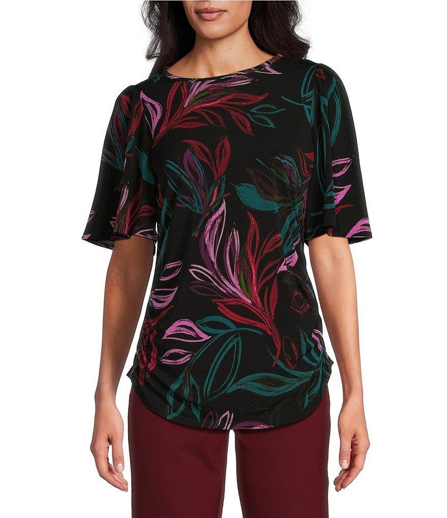 Investments Petite Size Brushstroke Leaves Print Crew Neck Flare Short Sleeve Ruched Top Product Image