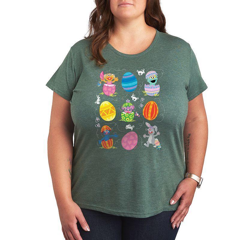 Plus Sesame Street Eggs And Bunny Graphic Tee, Womens Grey Green Product Image