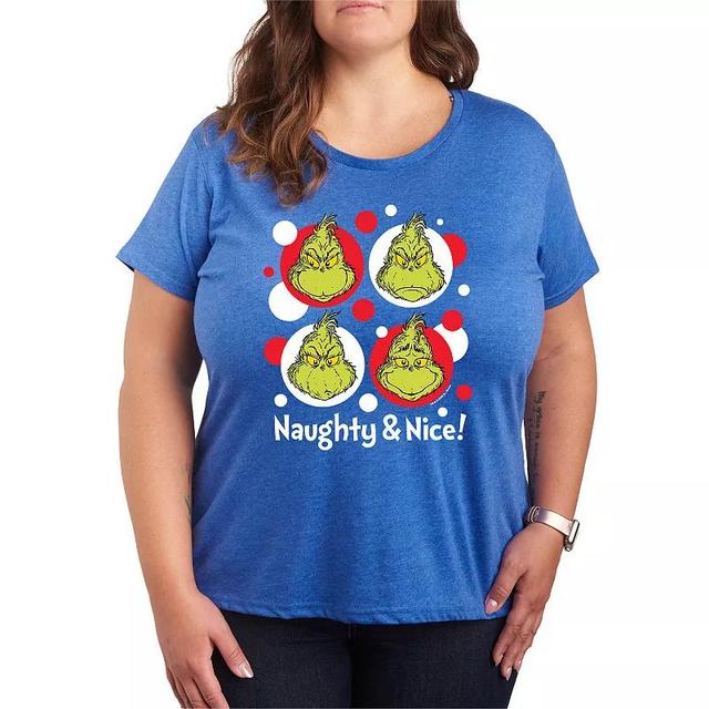 Plus Size Dr. Seuss Grinch Naughty & Nice Graphic Tee, Womens Grey Royal Blue Product Image