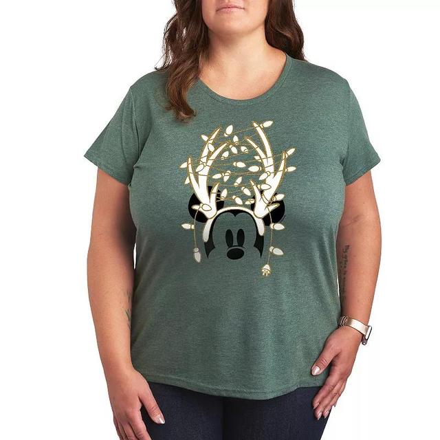 Disneys Mickey Mouse Plus Antlers Gold Glitter Graphic Tee, Womens Grey Green Product Image