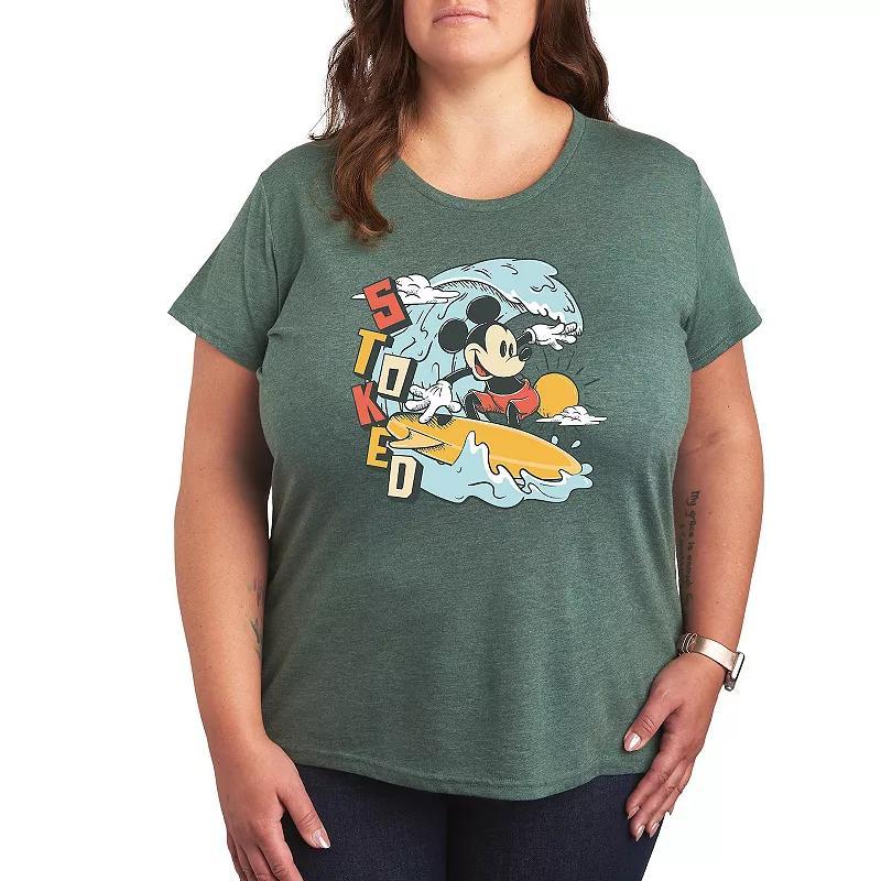 Disneys Mickey Mouse Plus Stoked Graphic Tee, Womens Grey Green Product Image