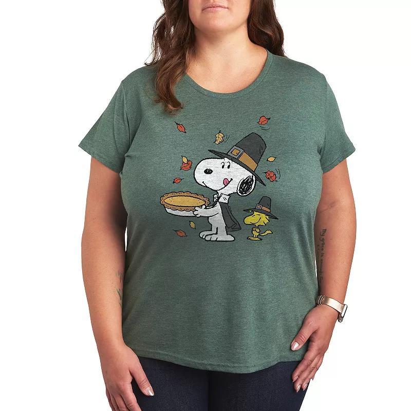 Womens Peanuts Snoopy & Woodstock Thanksgiving Scene Graphic Tee, Girls Grey Green Product Image