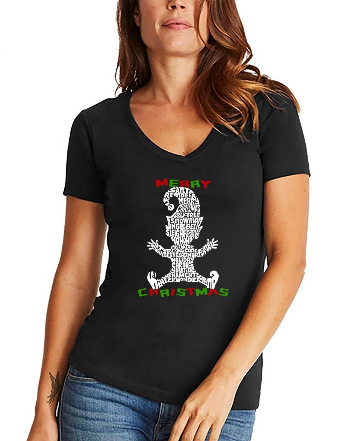 La Pop Art Womens Christmas Elf Word Art V-neck T-shirt Product Image