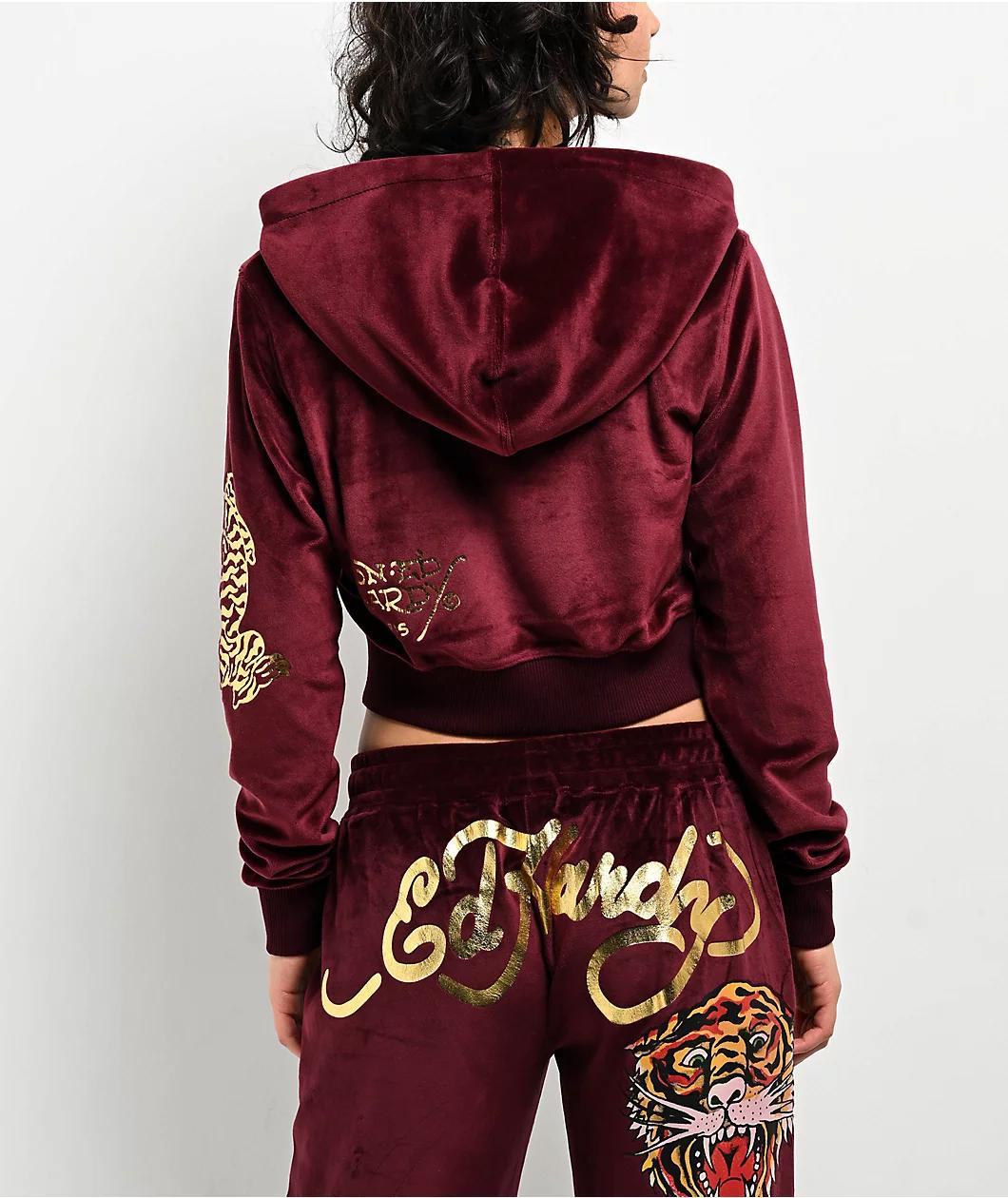 Ed Hardy Retro Tiger Burgundy Velour Crop Zip Hoodie Product Image