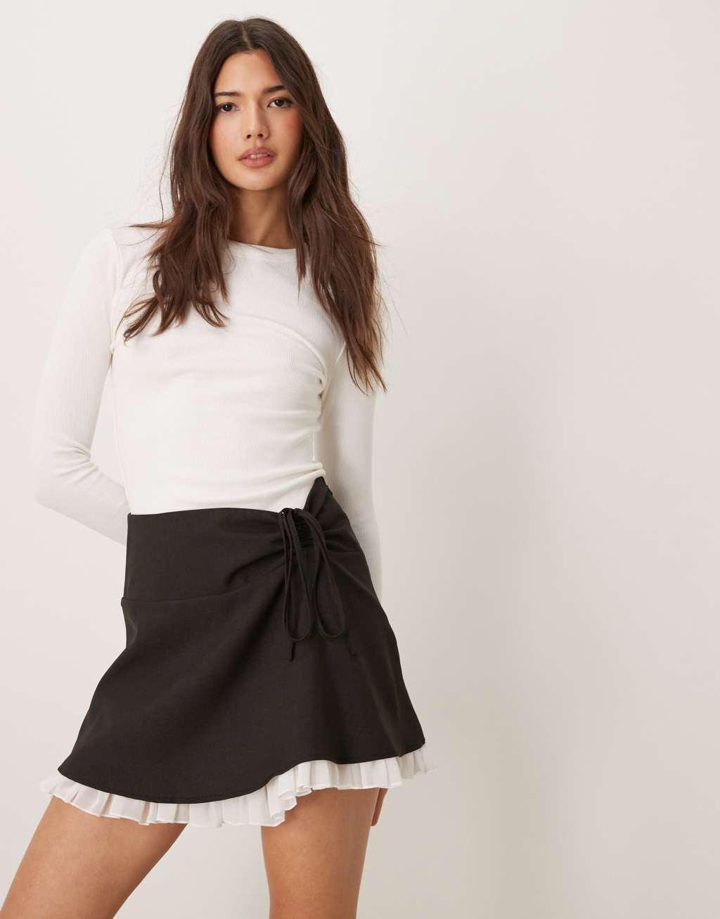 Miss Selfridge tailored layered kilt skirt with chiffon trim in black Product Image