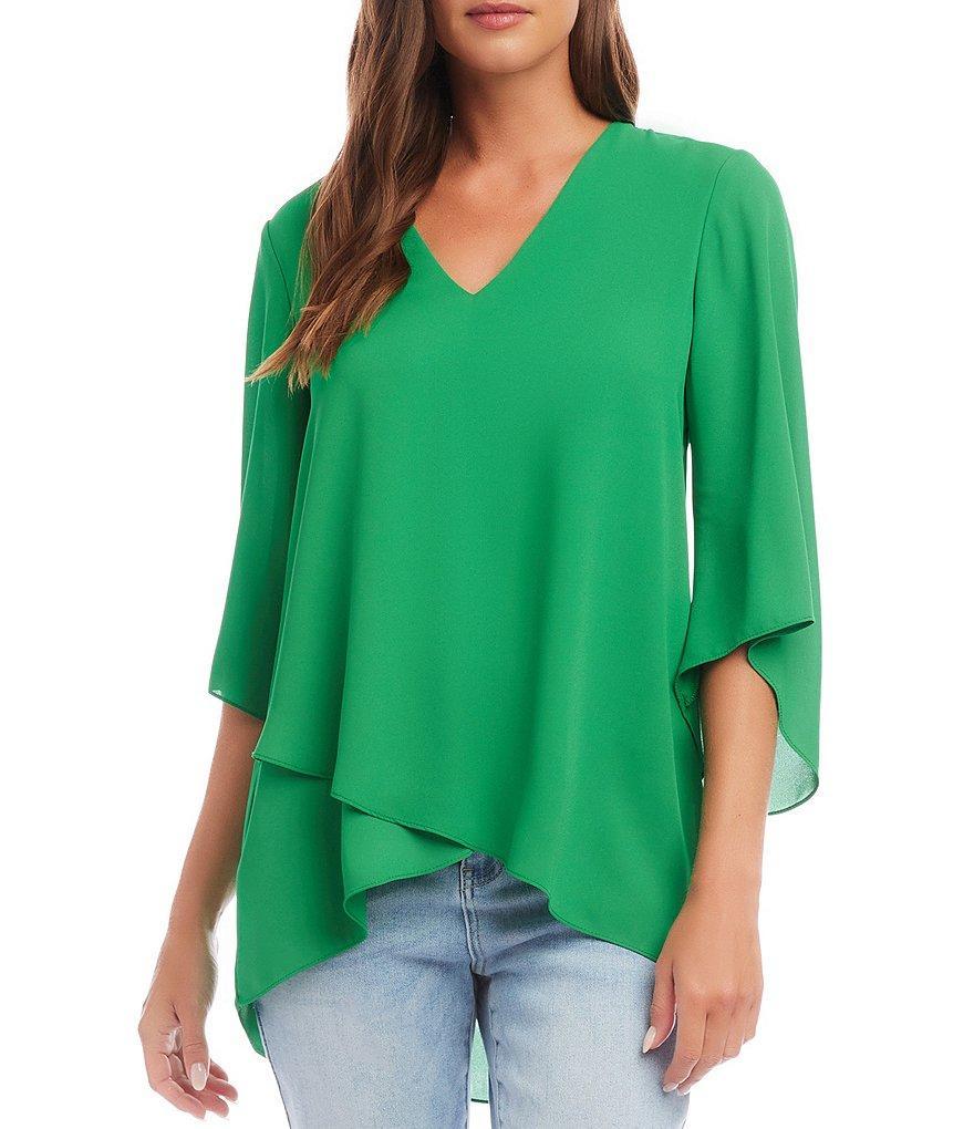 Karen Kane Petite Size V-Neck 3/4 Sleeve Crossover Hem Silky Crepe Top Product Image