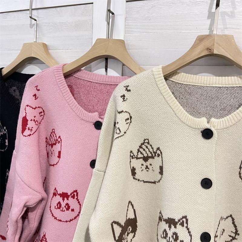 Drop-Shoulder Cat Print Cardigan Product Image