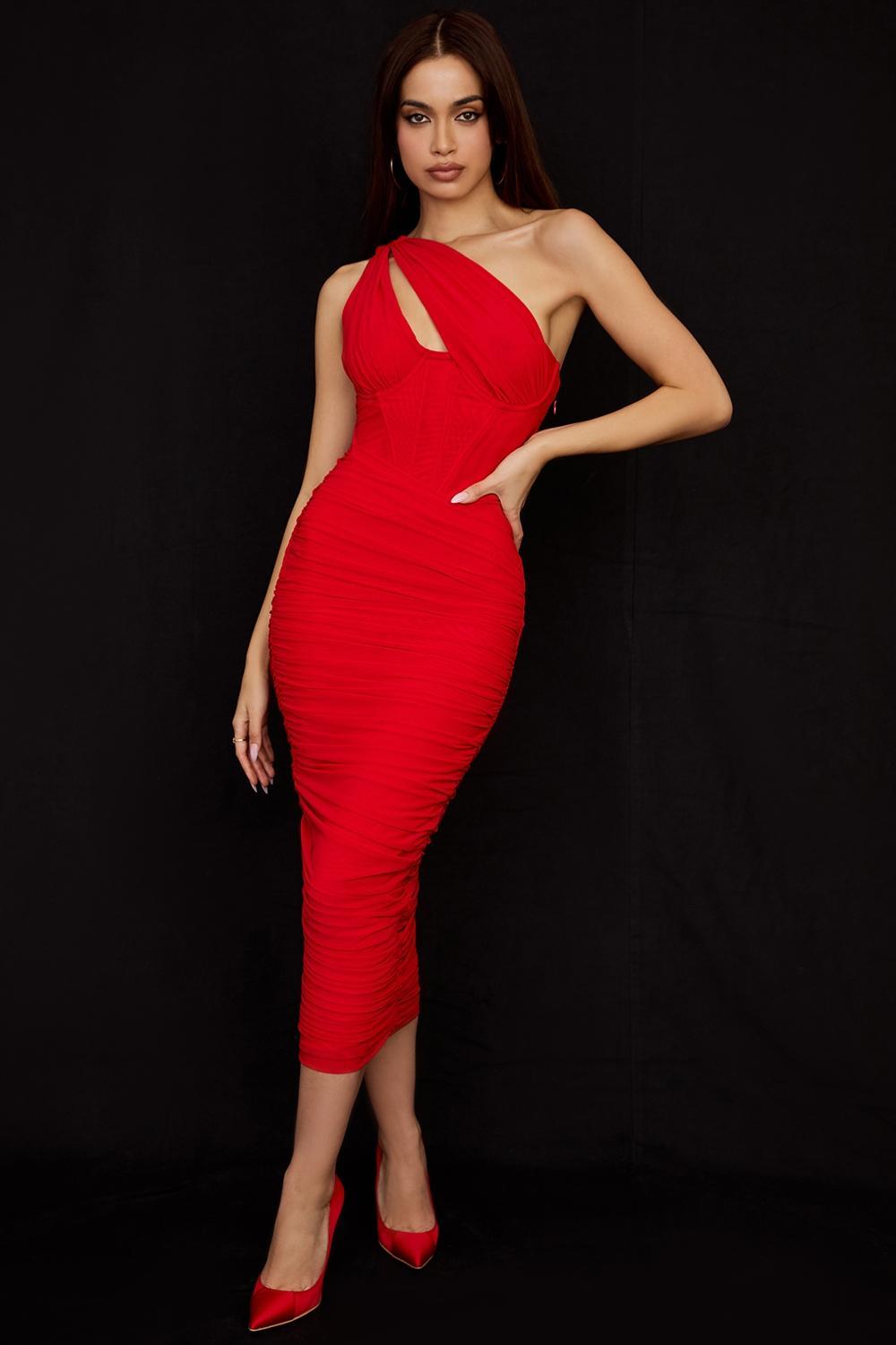 Valentina Scarlet Asymmetric Cutout Midi Dress Product Image