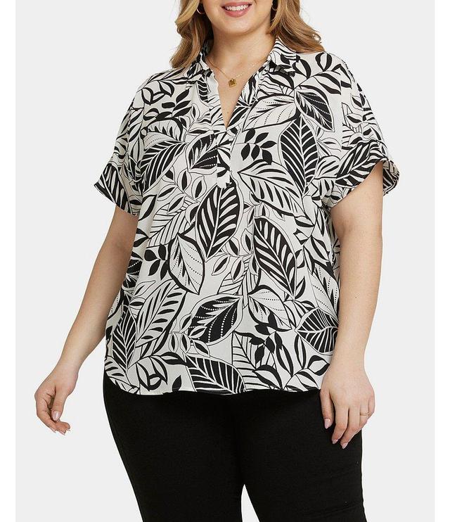 NYDJ Plus Size Becky Leaf Print Point Collar Neck Short Sleeve Shirttail Hem Blouse Product Image