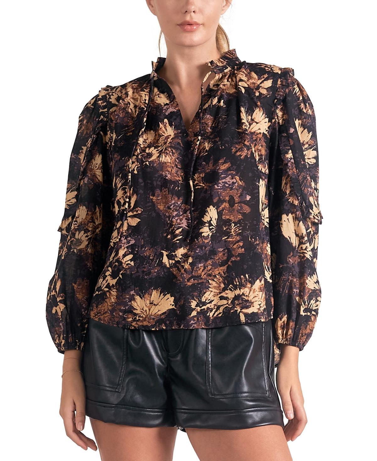 Elan Womens Cotton Floral-Print Ruffled Split-Neck Top Product Image