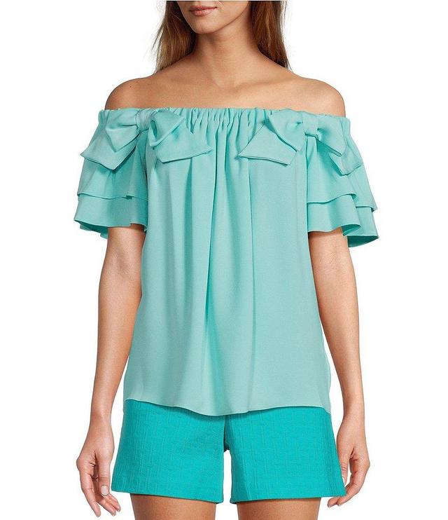 Trina Turk Silia 2 Crepe Off-The-Shoulder Short Tiered Sleeve Bow Top Product Image